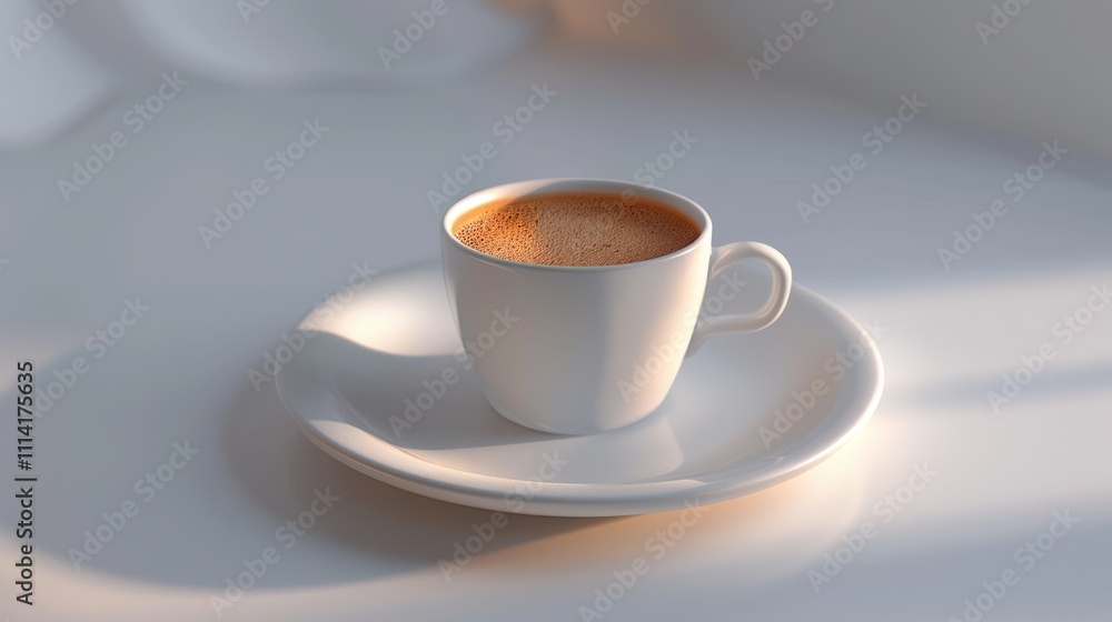 A simple white cup filled with coffee, resting on a matching saucer in soft light. A simple white cup filled with coffee, resting on a matching saucer in soft light.