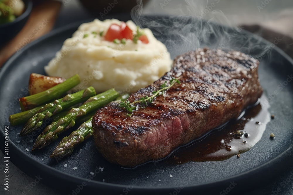 Grilled steak, mashed potatoes, and veggies. Generative AI Grilled steak, mashed potatoes, and veggies. Generative AI