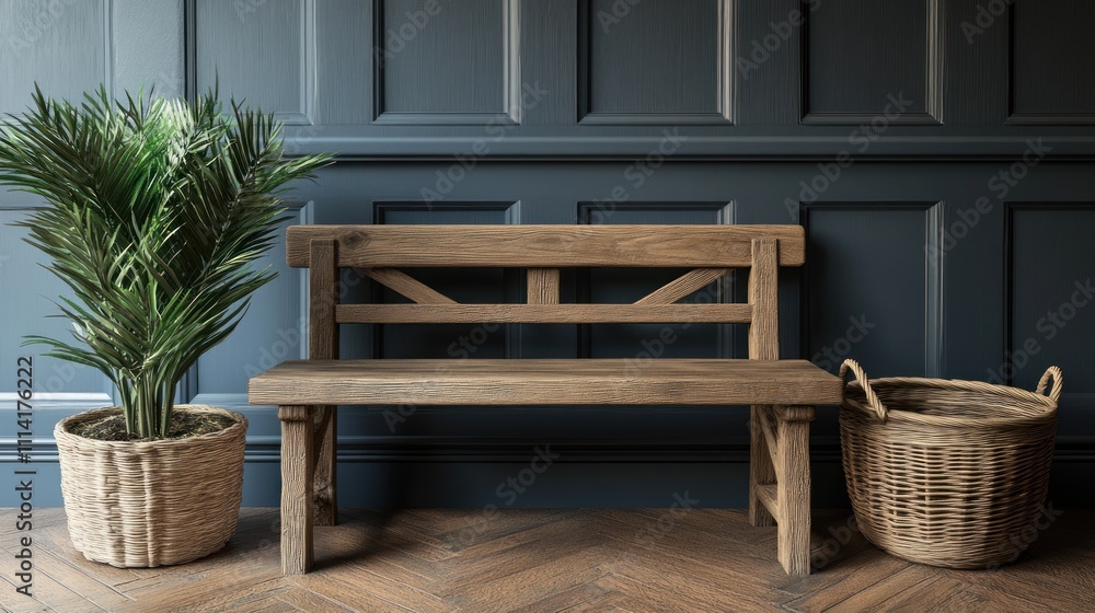 Rustic Wooden Bench With Plant And Basket Against Dark Paneling Rustic Wooden Bench With Plant And Basket Against Dark Paneling