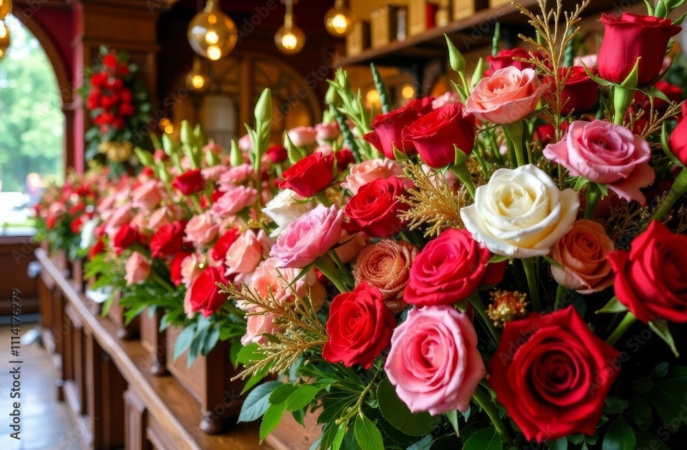 A variety of flower arrangements are displayed in the window of the flower shop, the concept of a flower shop and delivery. A variety of flower arrangements are displayed in the window of the flower shop, the concept of a flower shop and delivery.