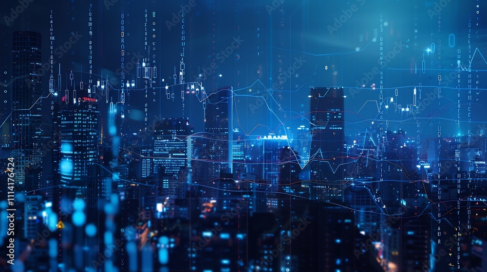 Naklejka premium Futuristic Cityscape with Dynamic Financial Data Overlay