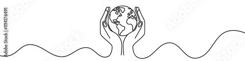 One continuous line illustration of Earth in hands, isolated on white background. Line art of Earth in hands.