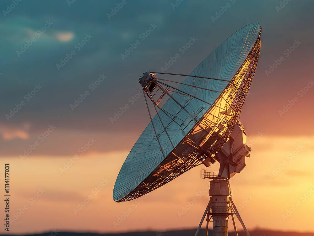 Satellite dish against sunset symbolizes global wireless communication Satellite dish against sunset symbolizes global wireless communication