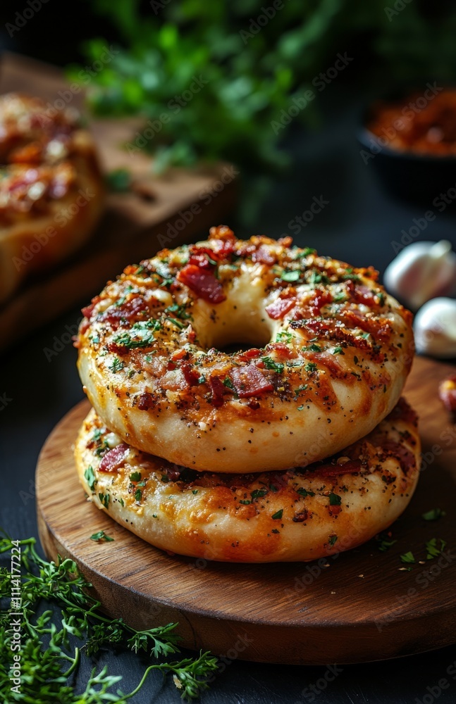 Pizza bagels with garlic and bacon on a dark background Pizza bagels with garlic and bacon on a dark background