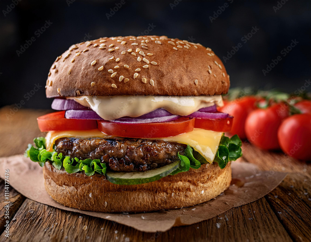 A juicy cheeseburger is stacked with fresh vegetables, creamy sauce and served on a sesame seed bun with ripe tomatoes on the side. A juicy cheeseburger is stacked with fresh vegetables, creamy sauce and served on a sesame seed bun with ripe tomatoes on the side.
