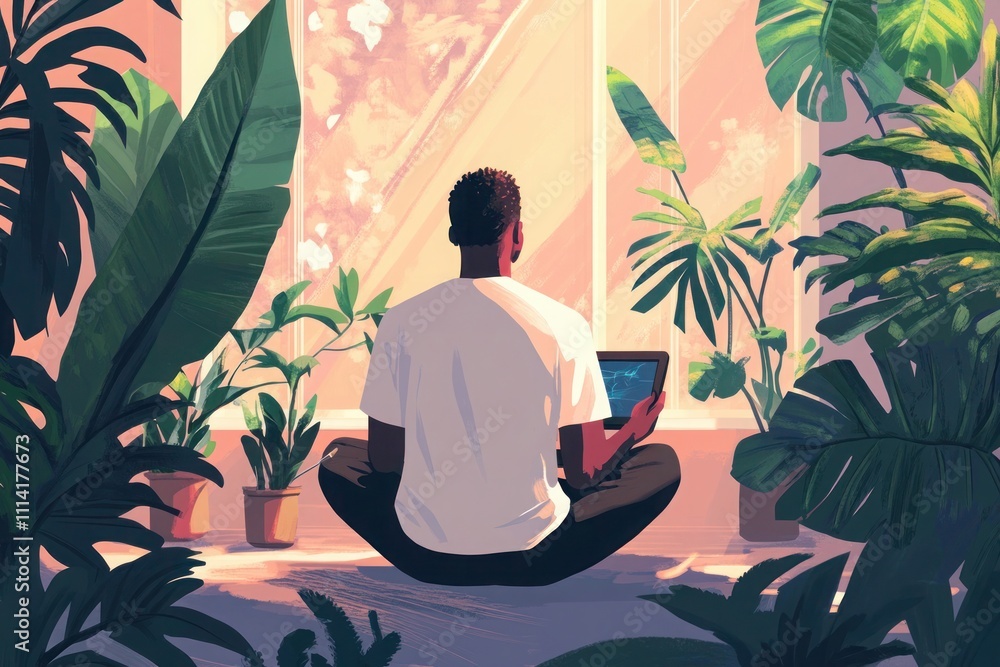 Man working on laptop among indoor plants. Generative AI Man working on laptop among indoor plants. Generative AI