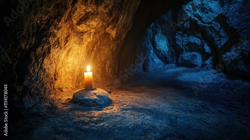 a dark cave illuminated by a single lit candle on a small rock