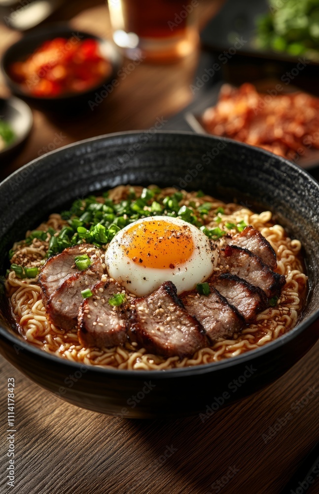 A bowl of ramen with noodles, pork slices, and an egg in the middle A bowl of ramen with noodles, pork slices, and an egg in the middle
