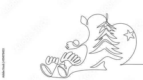 Selfdrawing of Santa with gift one line. 2D animation of drawing a chocolate bar over the fireplace. 4k stock video with alpha channel for whiteboard, chalkboard, presentation. High quality 4k footage