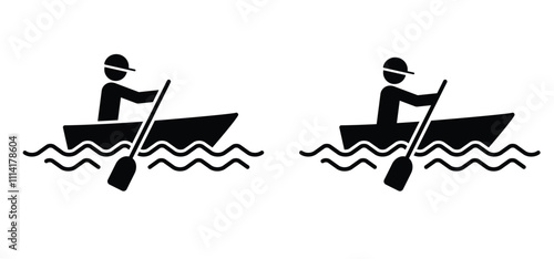 Cartoon rowing boat and paddle icon. Pleasure row boat with oars. Rowing, rower silhouette. Water transport, fishing boat.Maritime kayak boat. Water wave. rowboat for fun and holiday sports.