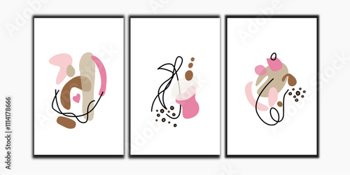 Set of 3 florals organic wall art vector. Flower poster vector collection.