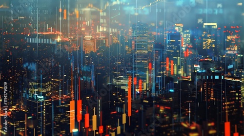 Night Cityscape with Dynamic Stock Market Data Overlay