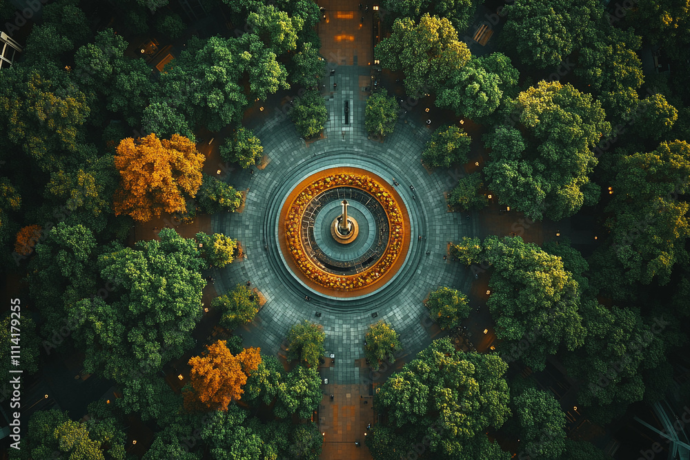 Aerial View of Circular Park with Central Fountain and Trees Aerial View of Circular Park with Central Fountain and Trees