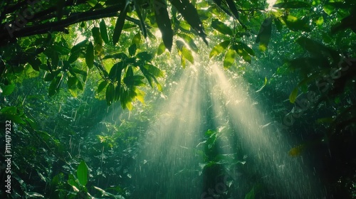 Sunbeams pierce through lush rainforest during rainfall photo