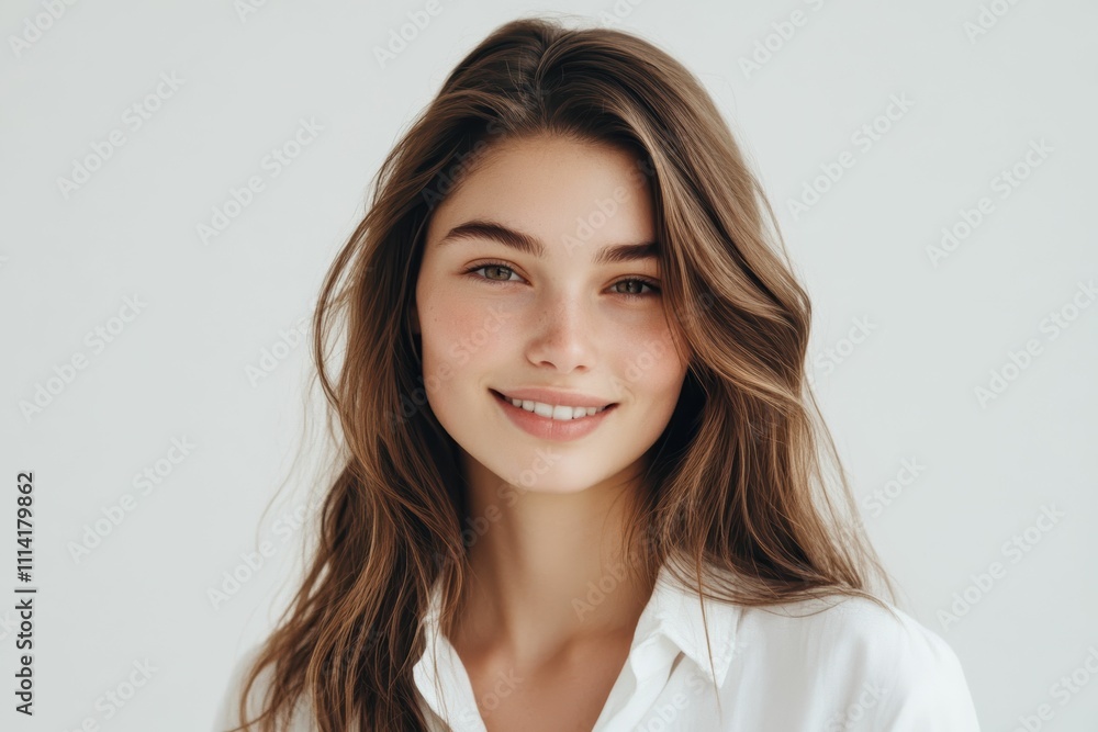 a young woman with long black hair smiles warmly against a subtle gray background, highlighting her elegance.