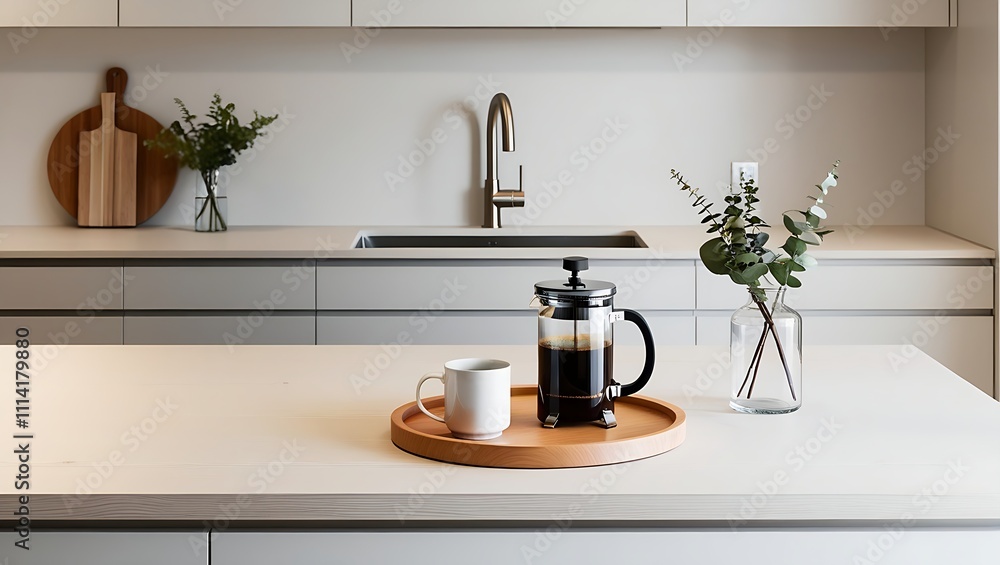 Modern minimalist kitchen in whites and grays. Features sleek matte cabinetry, wooden accents, a central island with a French press, and eucalyptus for a serene touch. Modern minimalist kitchen in whites and grays. Features sleek matte cabinetry, wooden accents, a central island with a French press, and eucalyptus for a serene touch.