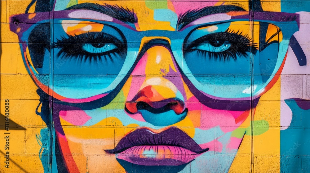 Urban street art creative expression with a colorful mural of a woman in glasses outdoors Urban street art creative expression with a colorful mural of a woman in glasses outdoors