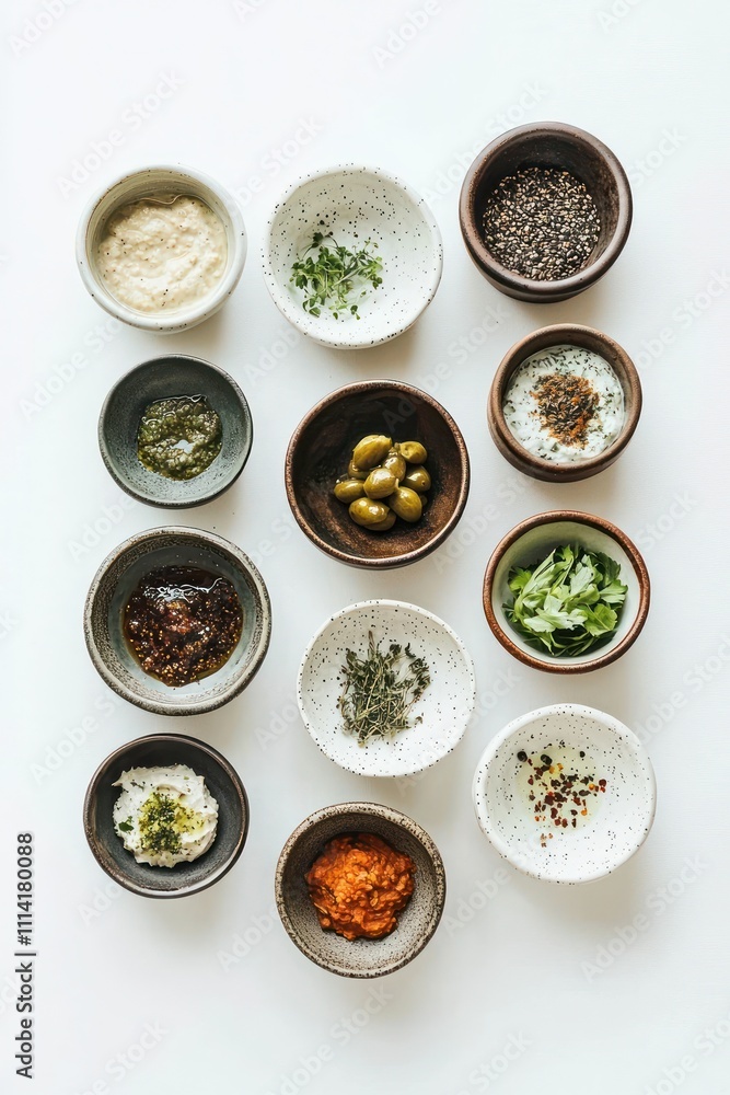 A neat arrangement of bowls with various dips against a white background. A neat arrangement of bowls with various dips against a white background.