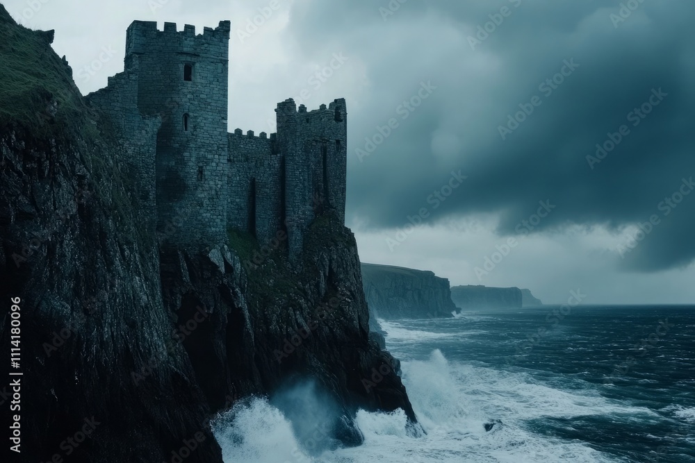 Stormy seascape with a medieval castle by the shore. Generative AI Stormy seascape with a medieval castle by the shore. Generative AI