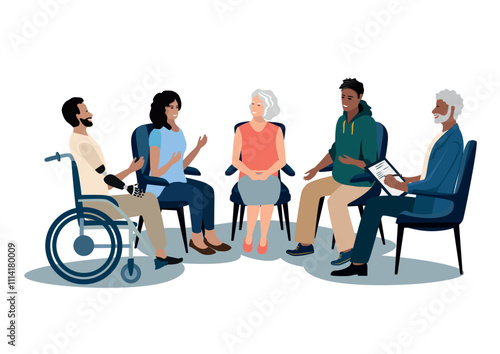 Men and women of different nationalities and ages sit in group therapy with a psychologist. Vector illustration in flat style on a white background.