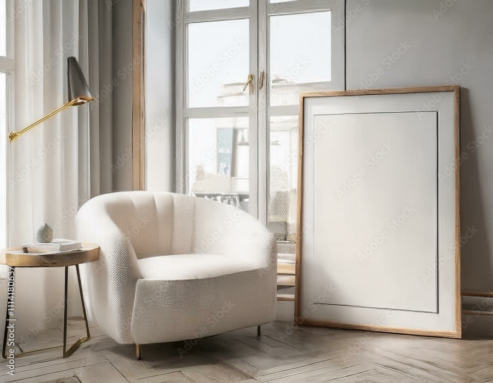 Elegant interior mockup displaying a cozy living room with a framed poster in ISO A paper size for stylish decor. Elegant interior mockup displaying a cozy living room with a framed poster in ISO A paper size for stylish decor.