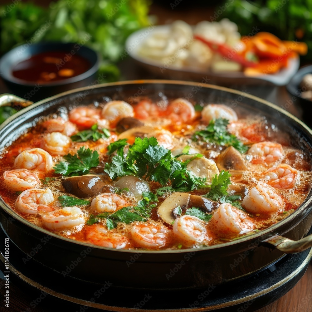 A gourmet-style hot pot filled with shrimp, mushrooms, and fresh herbs, with garnishes and sauces in the background A gourmet-style hot pot filled with shrimp, mushrooms, and fresh herbs, with garnishes and sauces in the background