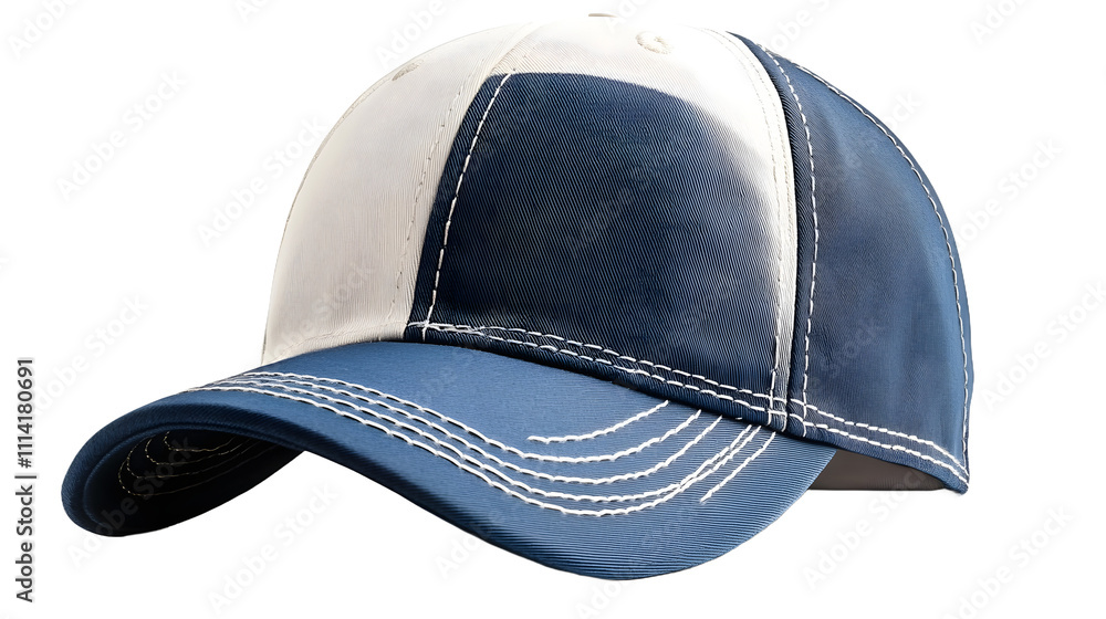 A blue and white baseball cap isolated on a transparent background, highlighting sporty fashion, casual style, and versatile headwear, ideal for branding, team merchandise, or everyday accessory desig A blue and white baseball cap isolated on a transparent background, highlighting sporty fashion, casual style, and versatile headwear, ideal for branding, team merchandise, or everyday accessory desig