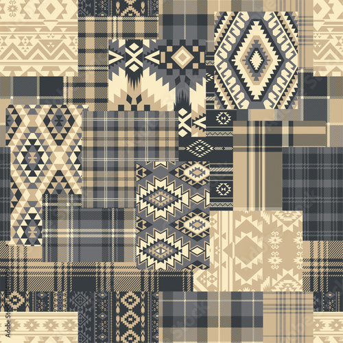 American native motifs and tartan plaid fabric patchwork abstract vector seamless pattern for scarf kerchief shirt fabric wrapping carpet rug pillow tablecloth