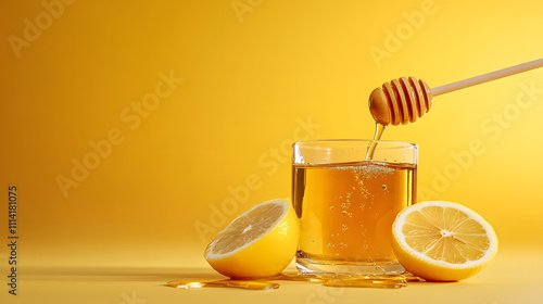 Fresh honey and lemon drink with vibrant yellow background