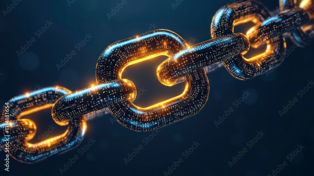 Glowing metallic chain links with digital code. Glowing metallic chain links with digital code.