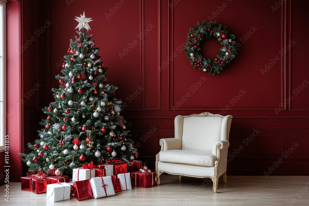 Christmas tree adorned with white and red gifts, armchair in front, garland wreath above, in a bright room with red walls. Festive holiday photography shot. Christmas tree adorned with white and red gifts, armchair in front, garland wreath above, in a bright room with red walls. Festive holiday photography shot.