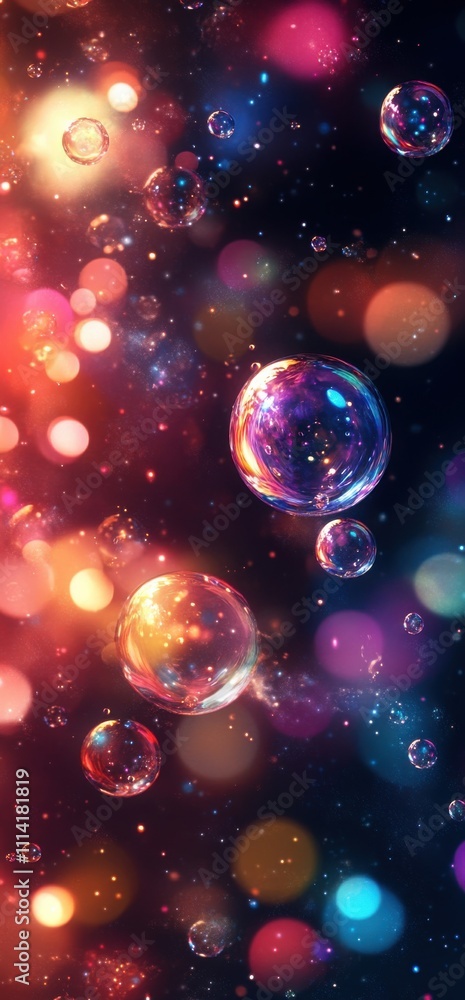 Vibrant colorful bubbles floating in dark abstract space Vibrant colorful bubbles floating in dark abstract space
