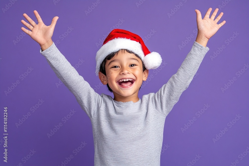 joiful little boy in grey sweater wearing red santa claus hat smiles and rejoices on purple background joiful little boy in grey sweater wearing red santa claus hat smiles and rejoices on purple background