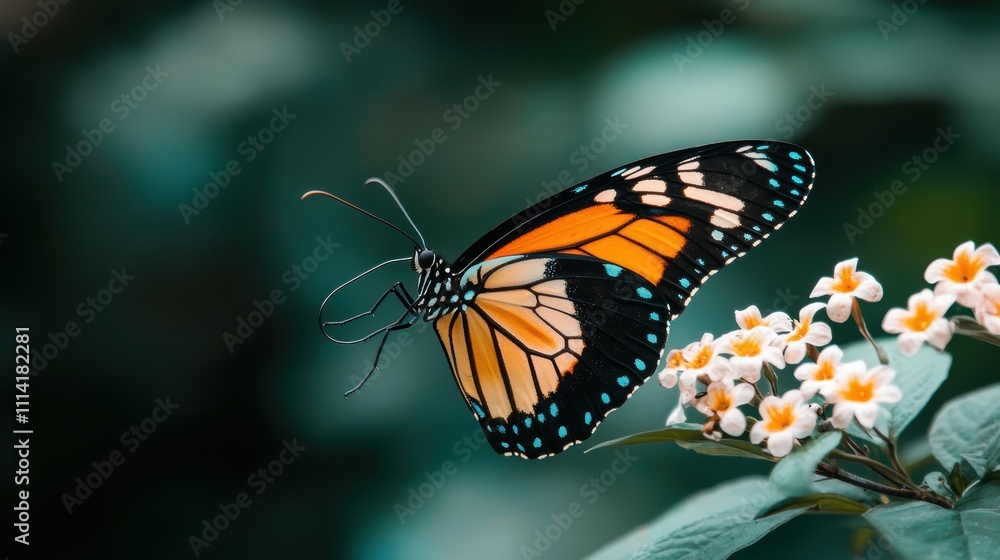 Fototapeta premium Vibrant Nature Close up of a butterfly with brightly colored wings perched on a flower, capturing the delicate beauty of nature.