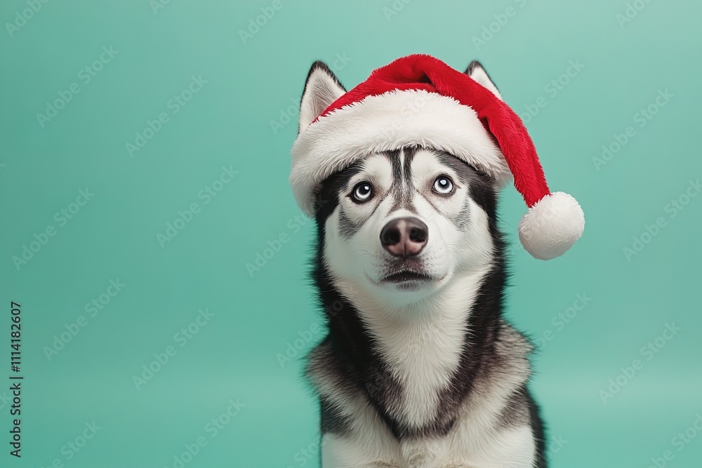 christmas image cute siberian husky dog in red santa claus hat on pale mint background with copy space christmas image cute siberian husky dog in red santa claus hat on pale mint background with copy space