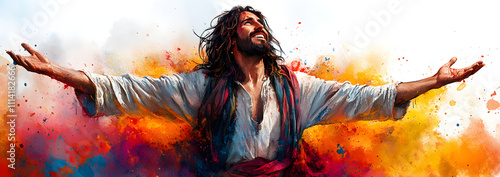 Jesus with outstretched arms against a white background, symbolizing love, hope, and salvation, a powerful representation of spirituality, faith, and divine grace, ideal for religious and inspirationa photo