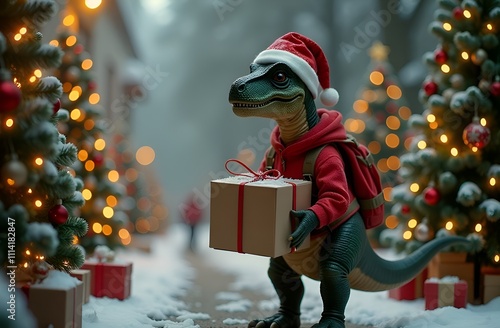 A tyrex dinosaur in a Santa hat holds a box with a red bow on the background of a Christmas tree. Dinosaur courier delivers gifts for the new year. The concept of express delivery for the holidays photo