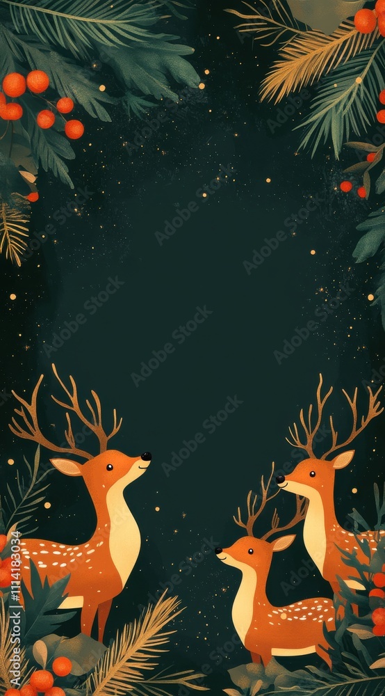 Fototapeta premium Adorable reindeer cartoon on dark green with Christmas decorations