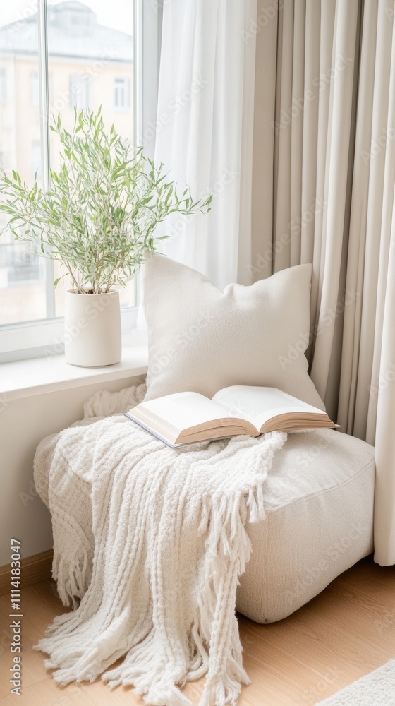 Cozy reading nook with a soft cushion, open book, and a potted plant by the window, AI Cozy reading nook with a soft cushion, open book, and a potted plant by the window, AI