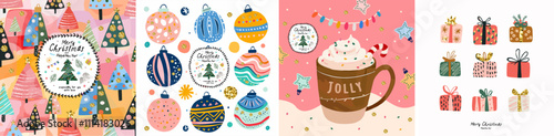 Merry Christmas and Happy New Year! 2025. Vector cute illustration of Christmas tree, Christmas tree decorations and balls, gifts, coffee with whipped cream, pattern for greeting card or background