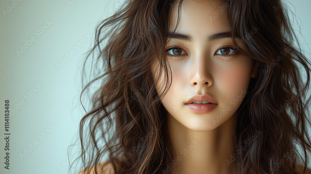 Stunning portrait of a Korean woman with flowing hair, captured in soft light in a serene indoor setting Stunning portrait of a Korean woman with flowing hair, captured in soft light in a serene indoor setting