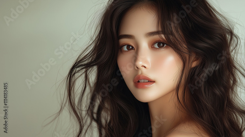 Wallpaper Mural Young Korean woman with flowing hair poses gracefully against a soft background in a serene indoor setting Torontodigital.ca