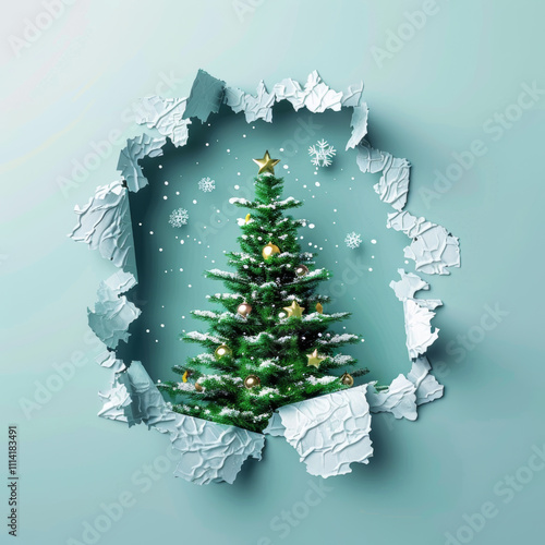 Three-dimensional Christmas tree peeking out of a paper hole, advertising banner, New Year's concept
