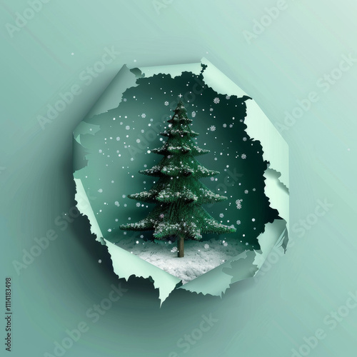 Three-dimensional Christmas tree peeking out of a paper hole, advertising banner, New Year's concept
