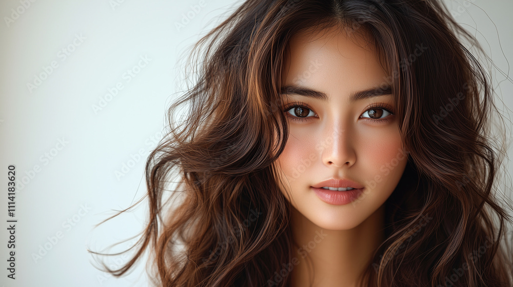 Beautiful Korean woman with wavy hair posing against a simple background Beautiful Korean woman with wavy hair posing against a simple background
