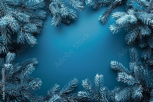 beautiful New Year background, with snow-covered fir branches, top view
