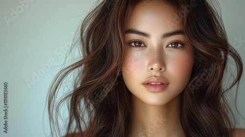 Wallpaper Mural Korean woman with wavy hair showcases natural beauty in soft lighting at a studio setting Torontodigital.ca