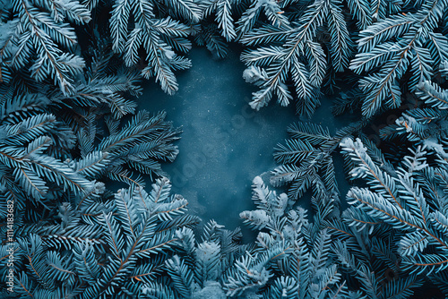 beautiful New Year background, with snow-covered fir branches, top view
