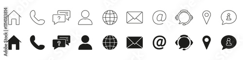 Communication, Contact, and Support Services Line and Silhouette Icon Set. Email, Phone, and Location Symbol Collection. Isolated Vector Illustration