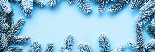 beautiful New Year background, with snow-covered fir branches, top view